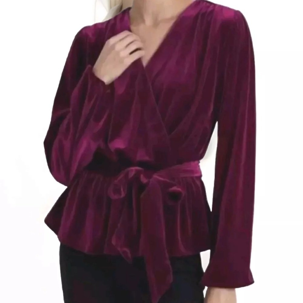 Lauren Ralph Lauren Holiday Velour Peplum Top Woman 1X XL Wine Purple Belted New